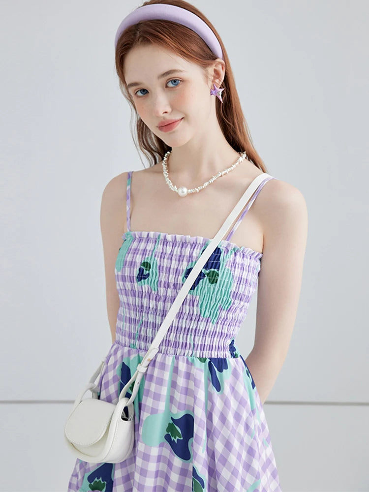 Summer Women Fashion Vintage Plaid Floral Spaghetti Strap Long Dress Aesthetic Party Evening Night Robe Party