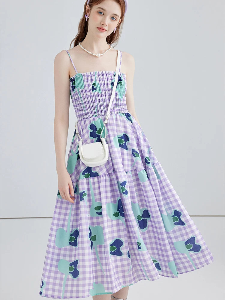 Summer Women Fashion Vintage Plaid Floral Spaghetti Strap Long Dress Aesthetic Party Evening Night Robe Party