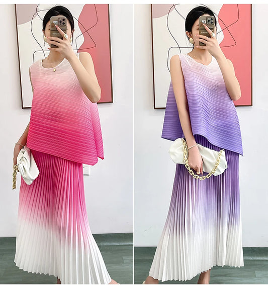 Women Summer Fashion Gradient Color 2 Pieces Dress Sets Chic Stretchy Pullover Tops & Midi Pleated Skirt Outfits