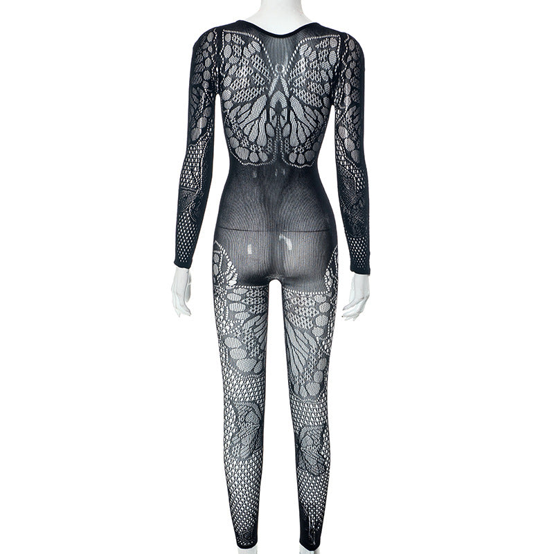 Women Spring Summer New Fashion Perspective Hollow out Sexy Butterfly Long Sleeve One Piece Pants