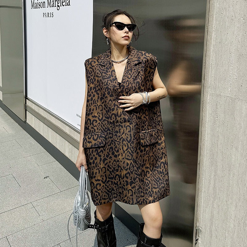 Leopard print vest dress, spring/summer new loose and slimming fashion casual A-line skirt