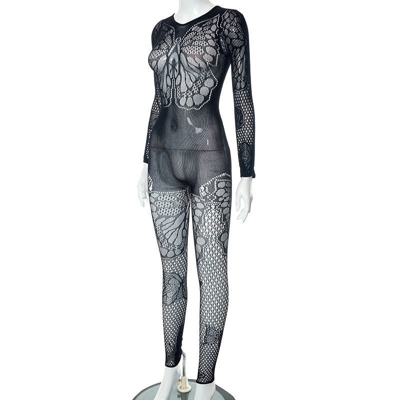 Women Spring Summer New Fashion Perspective Hollow out Sexy Butterfly Long Sleeve One Piece Pants