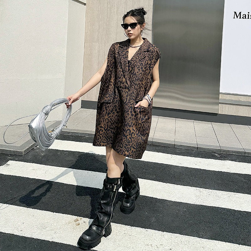 Leopard print vest dress, spring/summer new loose and slimming fashion casual A-line skirt