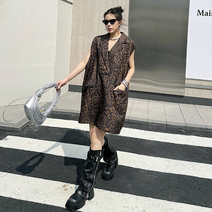 Leopard print vest dress, spring/summer new loose and slimming fashion casual A-line skirt
