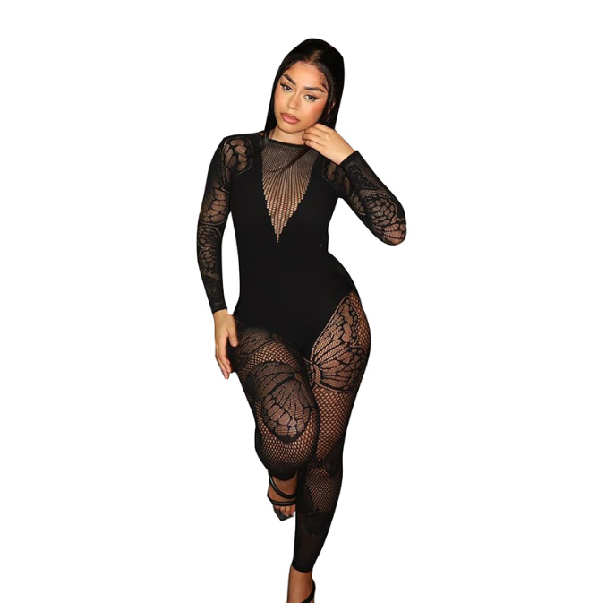 Women Spring Summer New Fashion Perspective Hollow out Sexy Butterfly Long Sleeve One Piece Pants