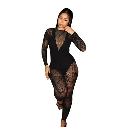 Women Spring Summer New Fashion Perspective Hollow out Sexy Butterfly Long Sleeve One Piece Pants