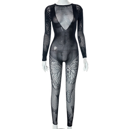 Women Spring Summer New Fashion Perspective Hollow out Sexy Butterfly Long Sleeve One Piece Pants