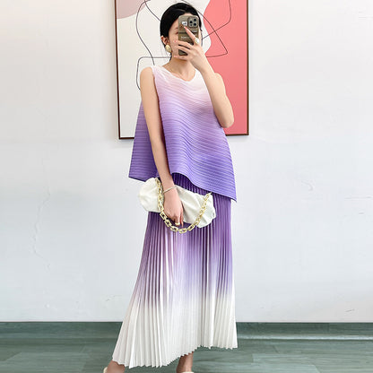 Women Summer Fashion Gradient Color 2 Pieces Dress Sets Chic Stretchy Pullover Tops & Midi Pleated Skirt Outfits