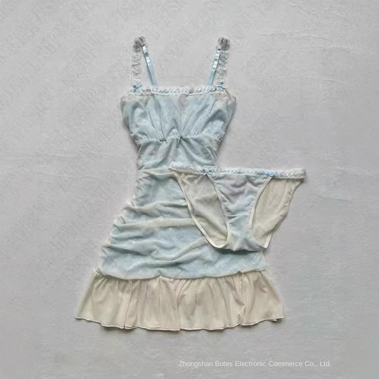 Spliced Lace Summer Waist-cinching Slimming Strapless Dress and Panty Set