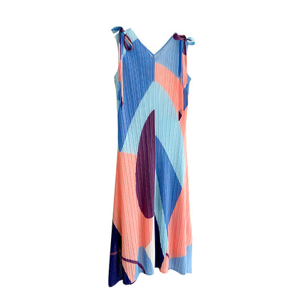 Summer Fashion Sleeveless Beach Dress For Women  Vintage Design Party Mid-Long V-Neck Frocks Aesthetic Streetwear