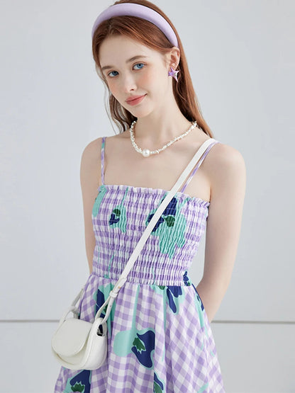 Summer Women Fashion Vintage Plaid Floral Spaghetti Strap Long Dress Aesthetic Party Evening Night Robe Party