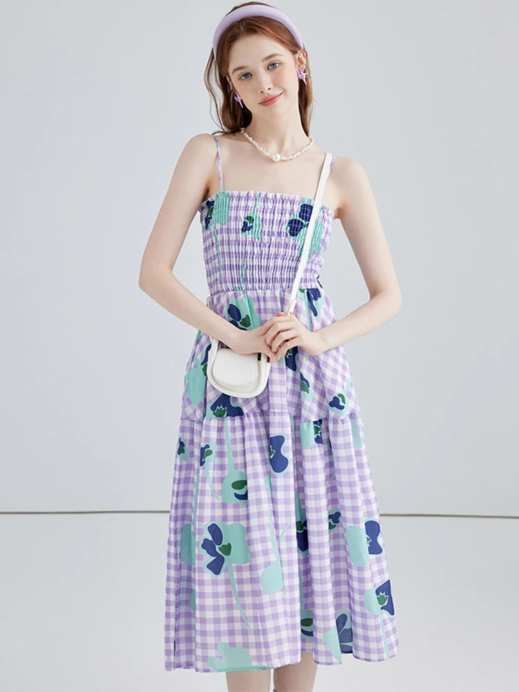 Summer Women Fashion Vintage Plaid Floral Spaghetti Strap Long Dress Aesthetic Party Evening Night Robe Party