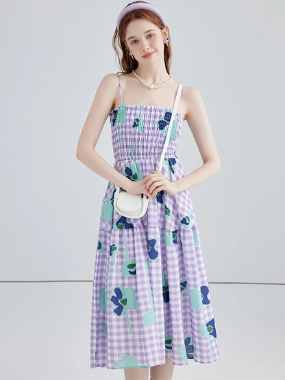 Summer Women Fashion Vintage Plaid Floral Spaghetti Strap Long Dress Aesthetic Party Evening Night Robe Party