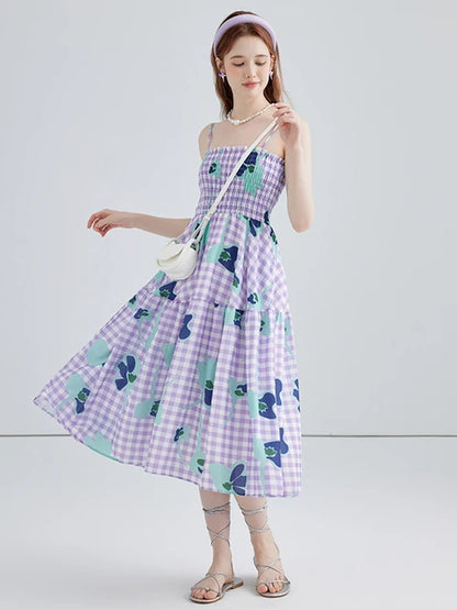 Summer Women Fashion Vintage Plaid Floral Spaghetti Strap Long Dress Aesthetic Party Evening Night Robe Party