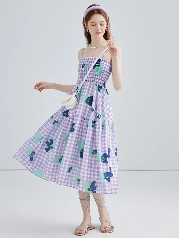 Summer Women Fashion Vintage Plaid Floral Spaghetti Strap Long Dress Aesthetic Party Evening Night Robe Party