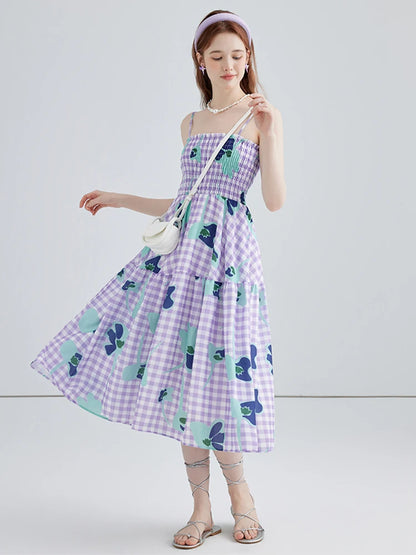 Summer Women Fashion Vintage Plaid Floral Spaghetti Strap Long Dress Aesthetic Party Evening Night Robe Party
