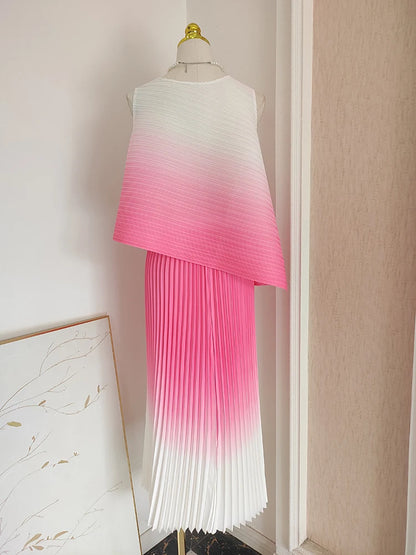 Women Summer Fashion Gradient Color 2 Pieces Dress Sets Chic Stretchy Pullover Tops & Midi Pleated Skirt Outfits