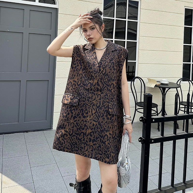 Leopard print vest dress, spring/summer new loose and slimming fashion casual A-line skirt