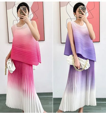 Women Summer Fashion Gradient Color 2 Pieces Dress Sets Chic Stretchy Pullover Tops & Midi Pleated Skirt Outfits
