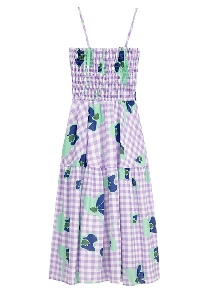 Summer Women Fashion Vintage Plaid Floral Spaghetti Strap Long Dress Aesthetic Party Evening Night Robe Party