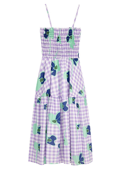 Summer Women Fashion Vintage Plaid Floral Spaghetti Strap Long Dress Aesthetic Party Evening Night Robe Party