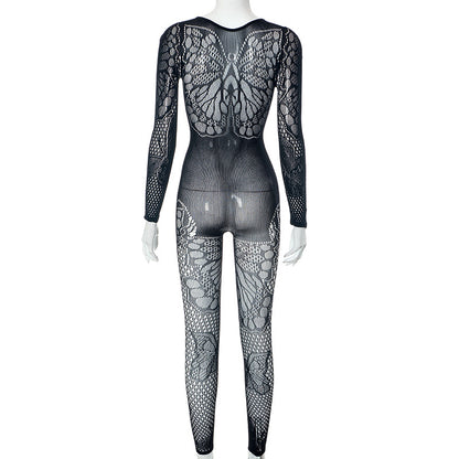 Women Spring Summer New Fashion Perspective Hollow out Sexy Butterfly Long Sleeve One Piece Pants